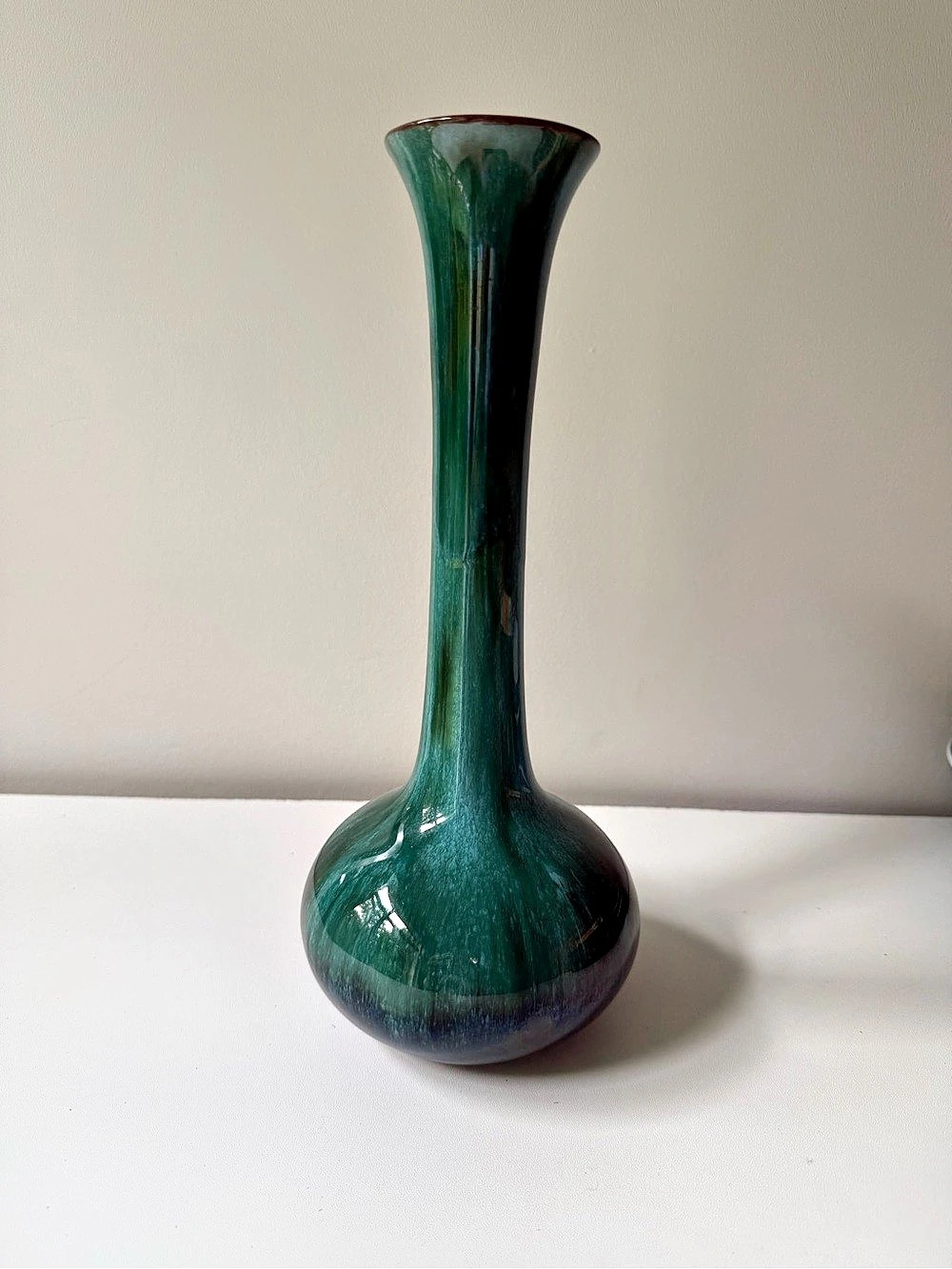 Blue Mountain Pottery Tall Bud Vase with Flared Rim Green Glazed Ceramic